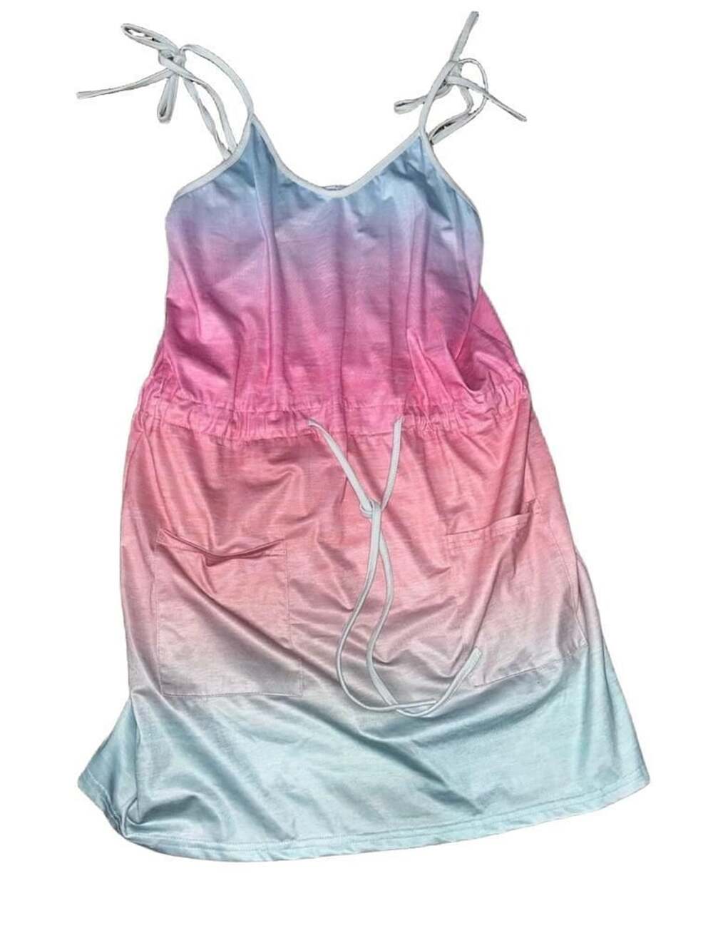 Women's Gradient Print V-Neck Spaghetti Strap Mini Dress Drawstring w Pockets